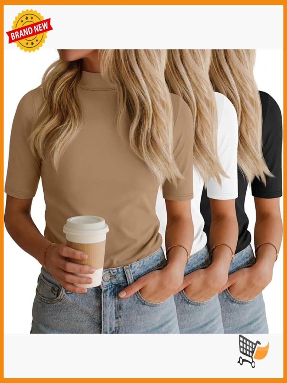 3-Pack Mock Neck Tops Half Sleeve Tunic T-Shirts Slim Fit Going Out Basic